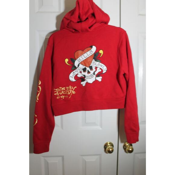 Ed Hardy Red Fleece Love Kills Slowly Zip Front Crop Hoodie sz XL - Picture 2 of 4